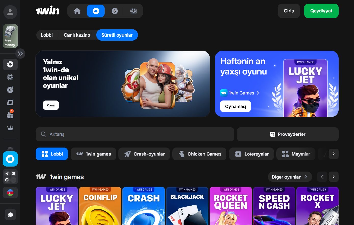 1win sürətli oyunlar və sol paneldə Windows tətbiqi