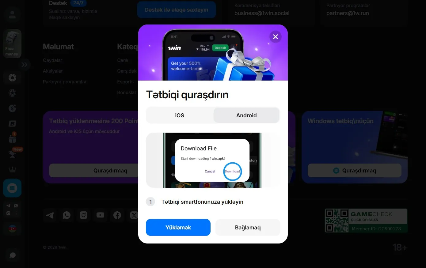 1win Android tətbiqinin rəsmi yükləmə və quraşdırma pəncərəsi