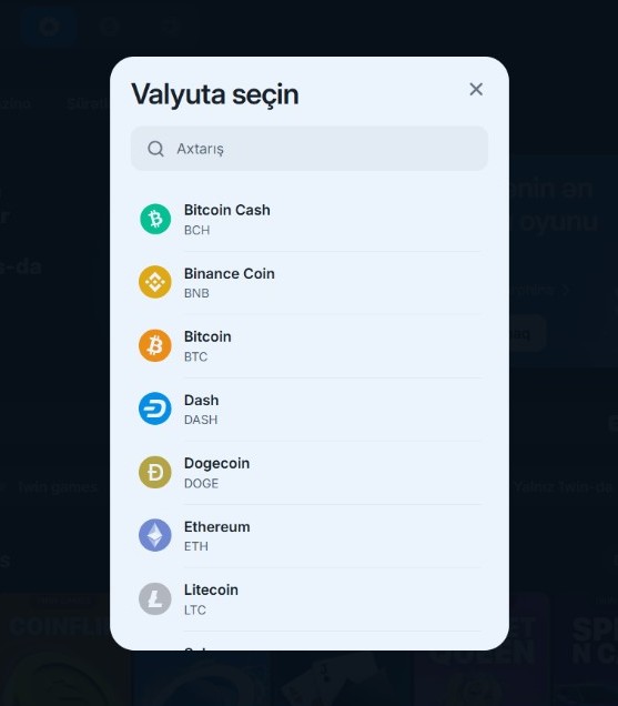 1win kassa: Valyuta seçin pəncərəsi, Bitcoin, Ethereum və digər kriptovalyutalar