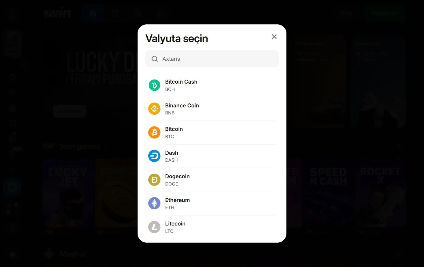 1win kassa: kriptovalyuta üçün «Valyuta seçin» pəncərəsi
