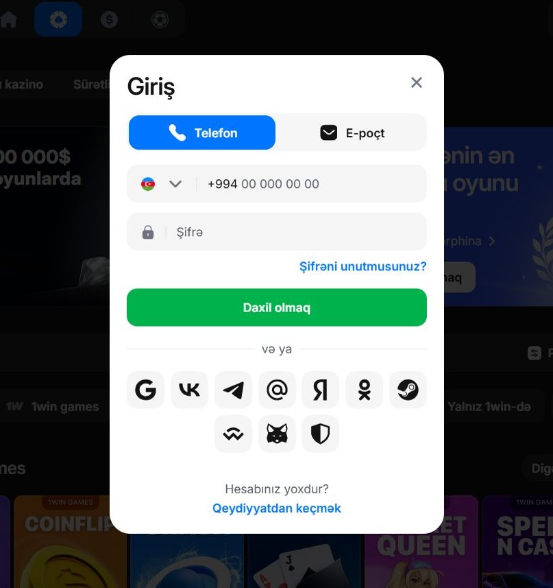 1win giriş pəncərəsi: telefon +994, şifrə və Daxil olmaq düyməsi