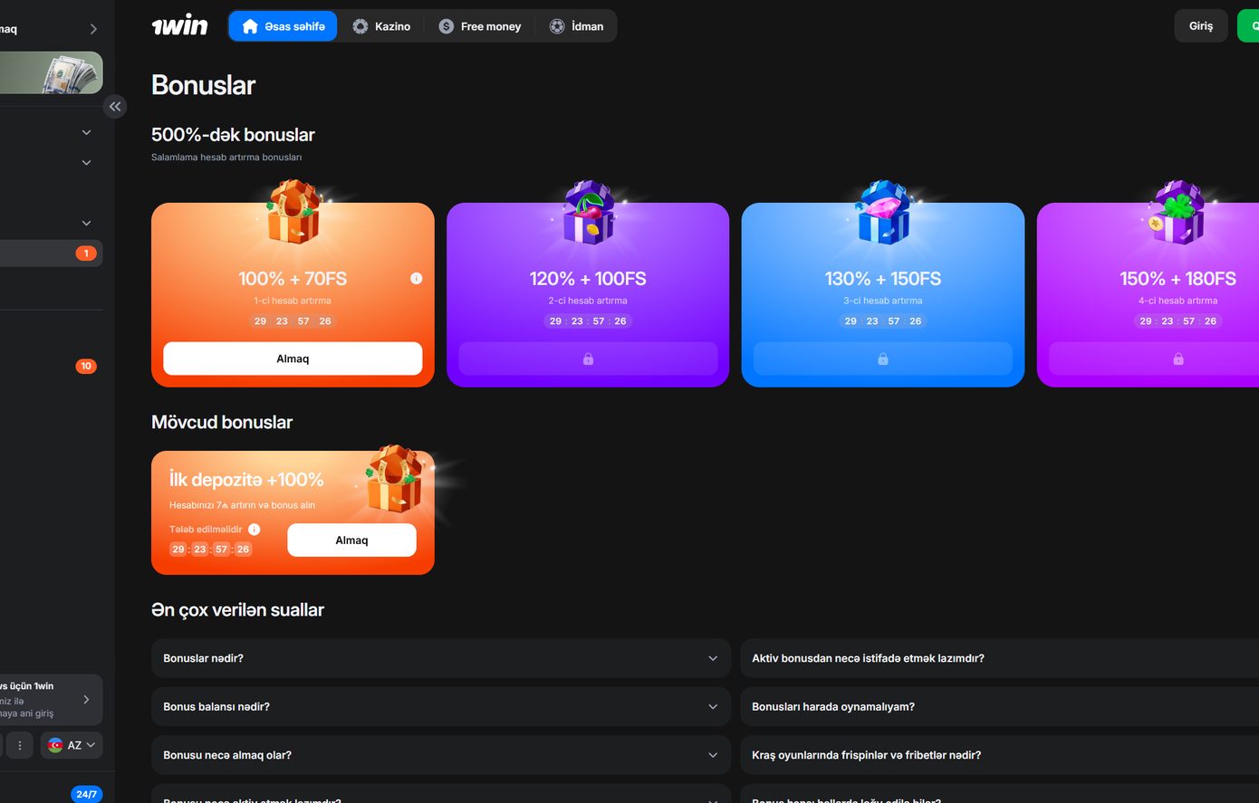 1win depozit bonus kartları: 100%+70FS, 120%+100FS, 130%+150FS, 150%+180FS