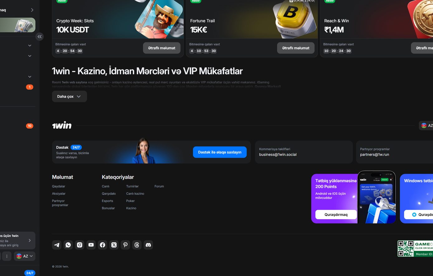 1win alt hissə: 18+, dəstək 24/7 və GAMECHECK nişanı