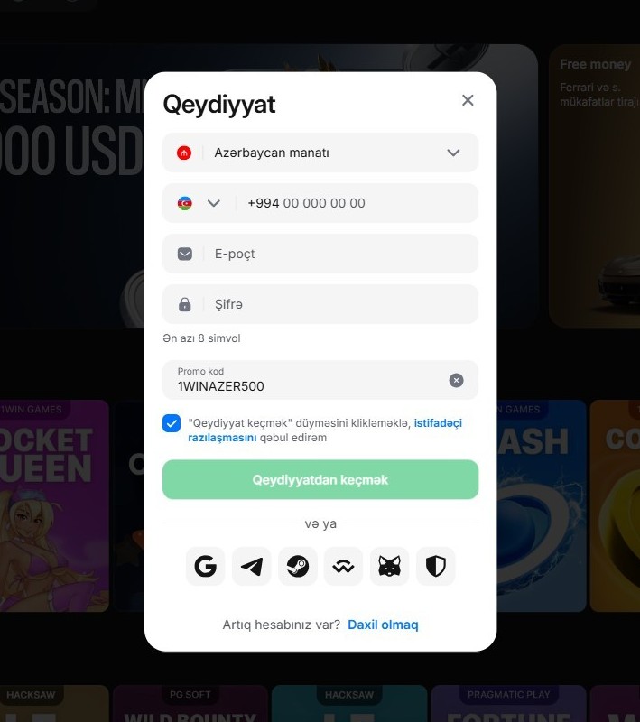 1win qeydiyyat: +994, Azərbaycan manatı və promo kod 1WINAZER500