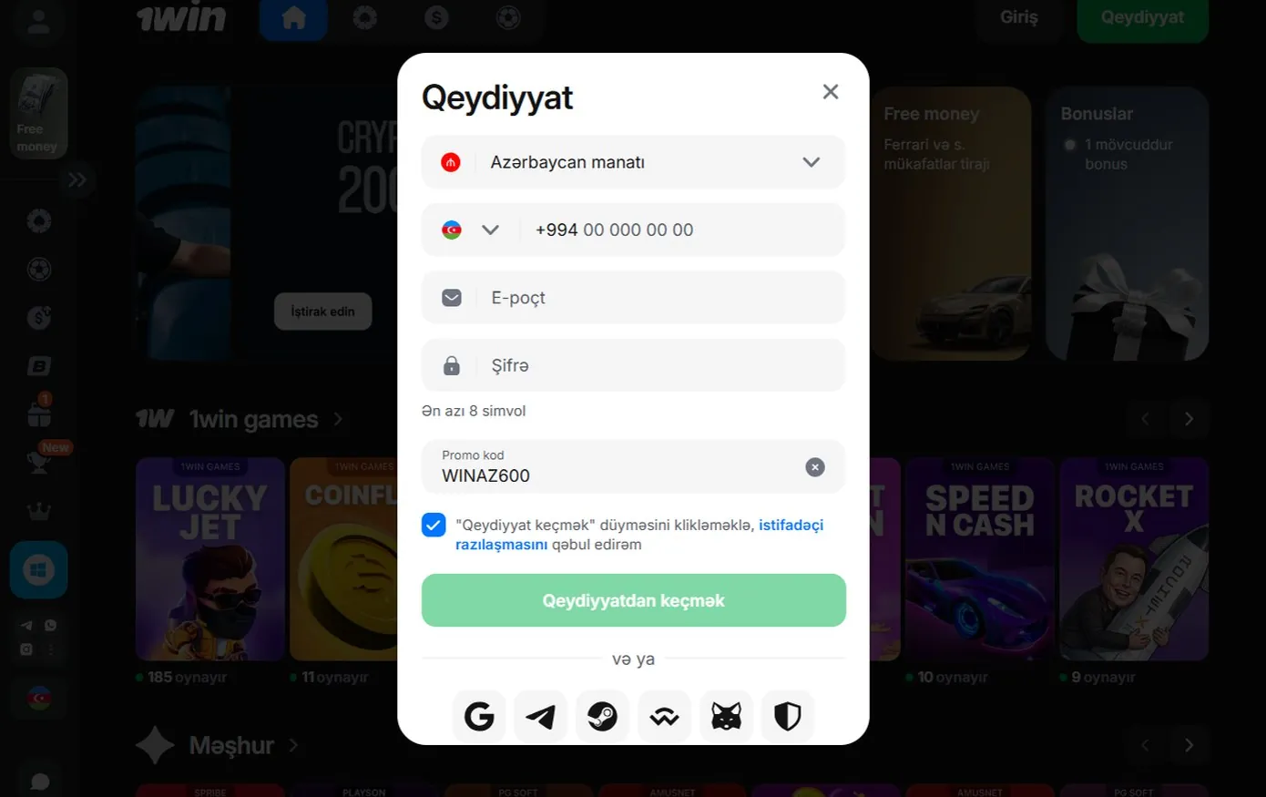 1win qeydiyyat forması: +994, Azərbaycan manatı və promo kod WINAZ600
